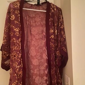 maroon & tan sheer floral kimono